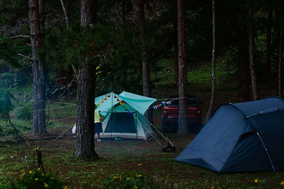 Dwa namioty rozbite w leśnym terenie obok zaparkowanego czerwonego samochodu.