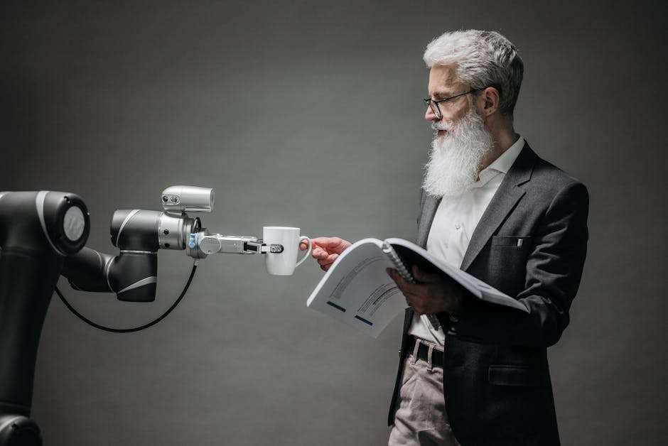 robot podający kawę mężczyźnie z książką w ręku