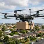dron z przymocowanym pudełkiem leci nad miastem