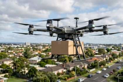 dron z przymocowanym pudełkiem leci nad miastem