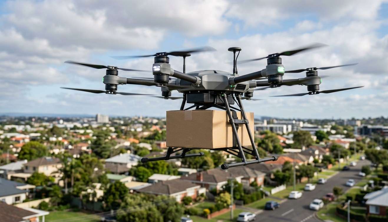 dron z przymocowanym pudełkiem leci nad miastem