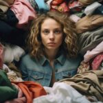 kobieta otoczona mnóstwem ubrań